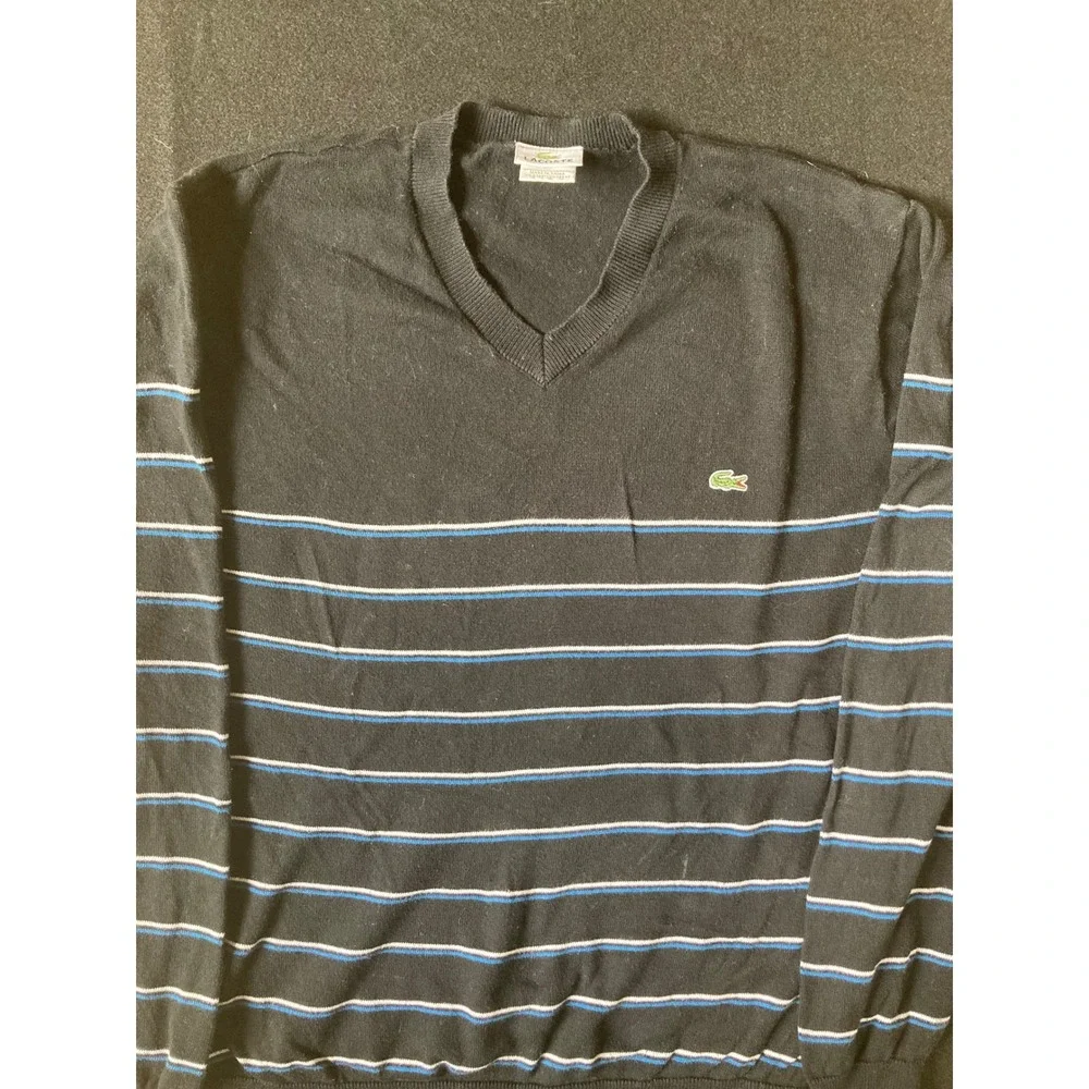 Lacoste Mens Black‎ Striped V-Neck Cotton Knit Sweater Size 6 XL F5178